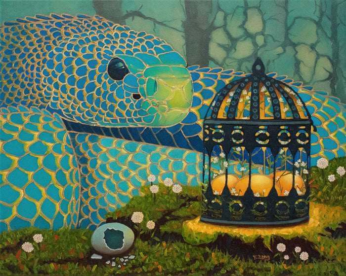 Blue Serpent and Glowing Eggs, 2023, oil on canvas, 20 x 16 in. / 50.8 x 40.64 cm.