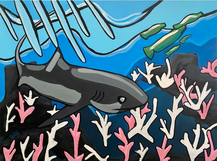 Bottled Fish and Bleached Reef, 2023, acrylic on canvas, 36 x 48 in. / 91.44 x 121.92 cm.