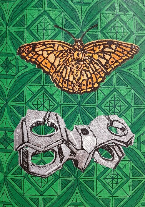 Butterfly and Mechanical Part, 2024, reduction linoprint, 11.5 x 8 in. / 29.21 x 20.32 cm.