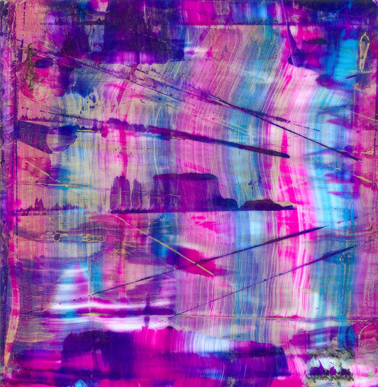 CITY NIGHT, 2024, alcohol ink reverse painting on plexiglass, 12 x 12 in. / 30.48 x 30.48 cm.