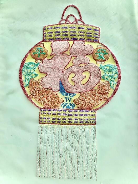 Chinese Lantern, 2024, parch-embroiderment, 11.4 x 16.5 in. / 29 x 42 cm.