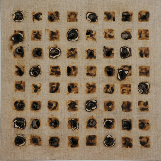 Concentration Camp #16 in North Korea, 2013, burnt linen, 30 x 30 in. / 76.2 x 76.2 cm.