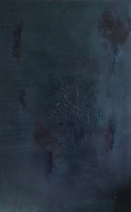 Corrosion, 2023, acrylic, string and spray-paint on canvas, 30 x 48 in. / 76.2 x 121.92 cm.