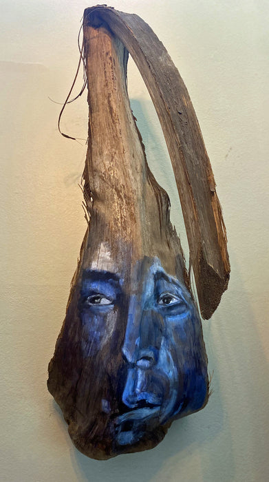 Curiosity, 2023, acrylic on palm frond, 40 x 16 in. / 101.6 x 40.64 cm.