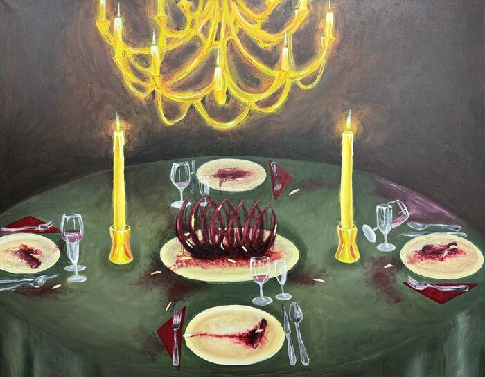 Dinner Party, 2024, oil on canvas, 48 x 60 in. / 121.92 x 152.4 cm.