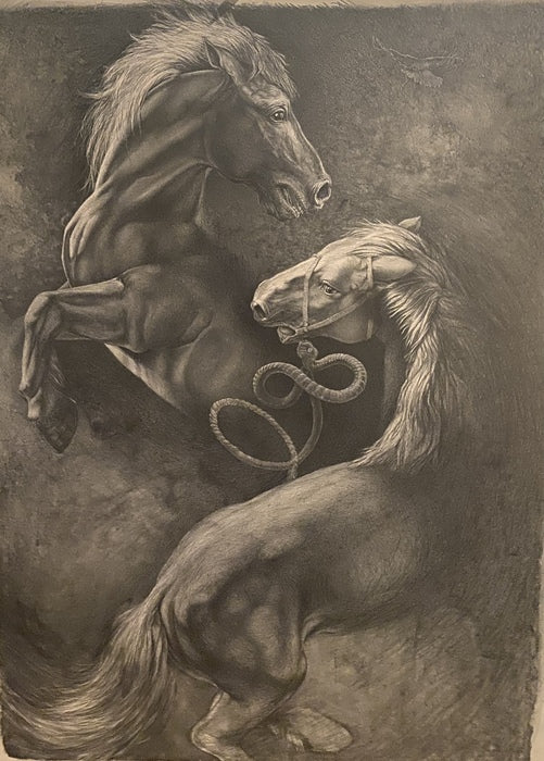 Dual Horses, 2021, stone lithograph, 48 x 36 in. / 121.92 x 91.44 cm.