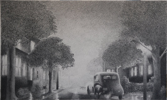 Run Away Rain, 2024, graphite pencil on paper, 12.62 x 21.5 in. / 32 x 54.61 cm.