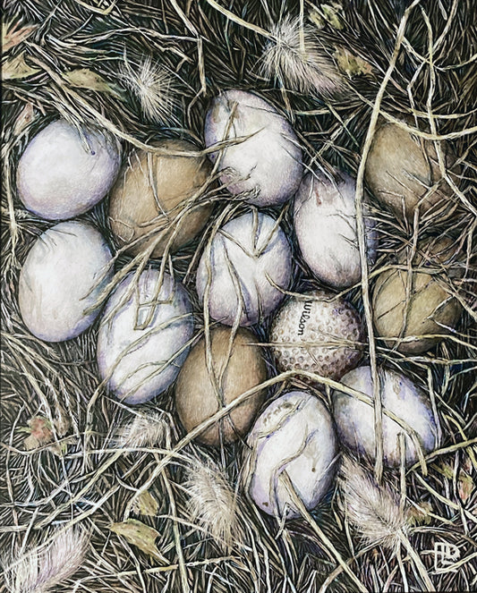 Eight Duck Eggs, 3 Wooden Eggs, and One Golf Ball, 2023, mixed media on scratchboard, 14 x 11 in. / 35.56 x 27.94 cm.