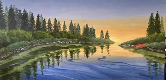 Evening on the River, 2022, acrylics, 15 x 30 in. / 38.1 x 76.2 cm.