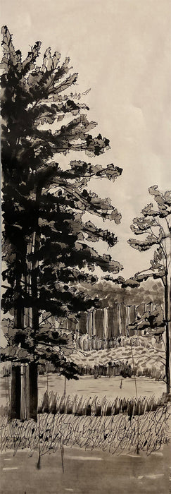 Wharton Forest, 2024, ink drawing, 56 x 19 in. / 142.24 x 48.26 cm.