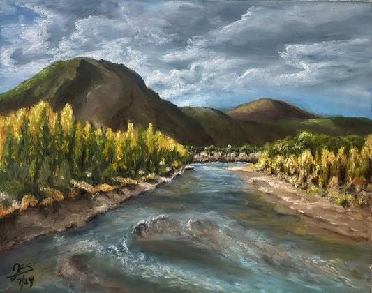 FLATHEAD RIVER IN GLACIER NATIONAL PARK, 2024, soft pastels, 11 x 14 in. / 27.94 x 35.56 cm.