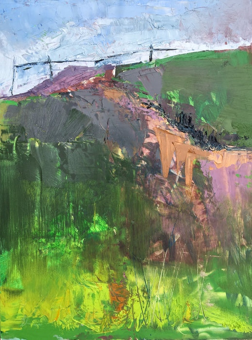 Fault Lines...Towards E-Ville, 2018, oil on board, 11 x 7 in. / 27.94 x 17.78 cm.