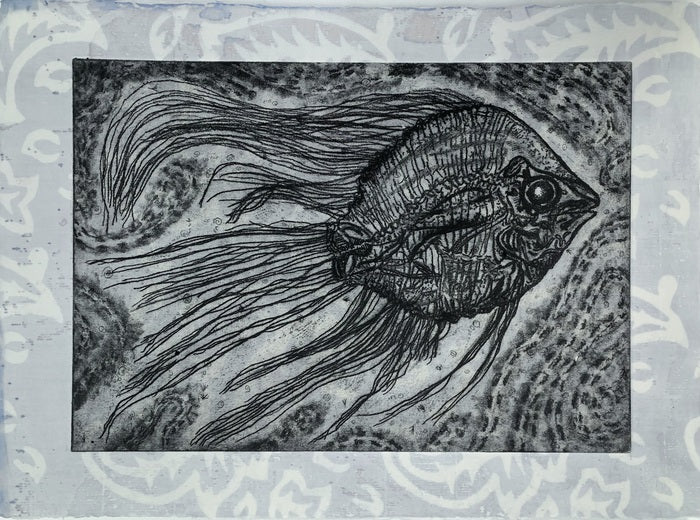 Fish, 2023, etching on handmade paper, 7 x 10.2 in. / 18 x 26 cm.