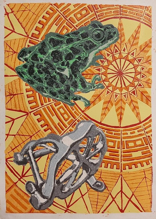 Frog and Mechanical Part, 2023, reduction linoprint, 11.5 x 8 in. / 29.21 x 20.32 cm.