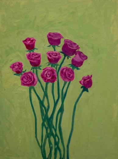 Green Room, Pink Roses, 2023, oil on canvas, 24 x 18 in. / 60.96 x 45.72 cm.