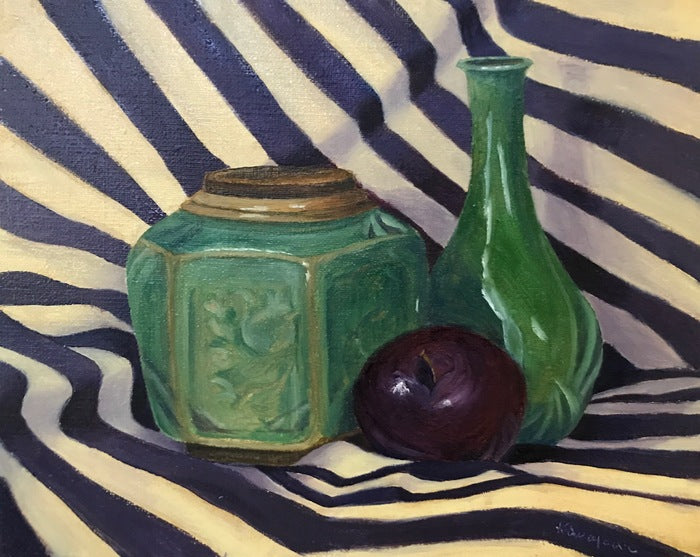 Ginger Jar with Plum, 2022, oil on panel, 8 x 10 in. / 20.32 x 25.4 cm.