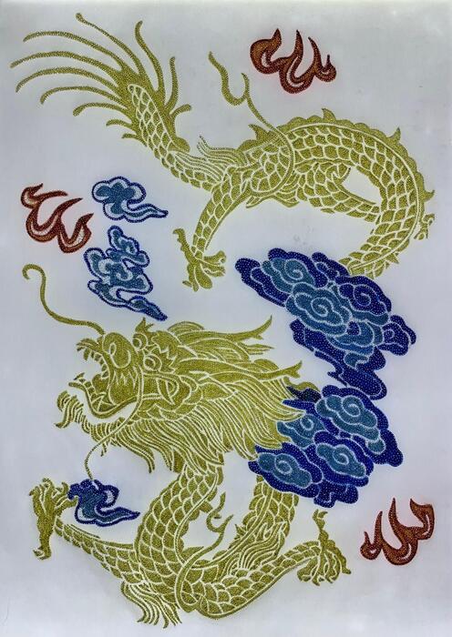 Golden Dragon, 2023, parch-embroiderment, 11.4 x 16.5 in. / 29 x 42 cm.