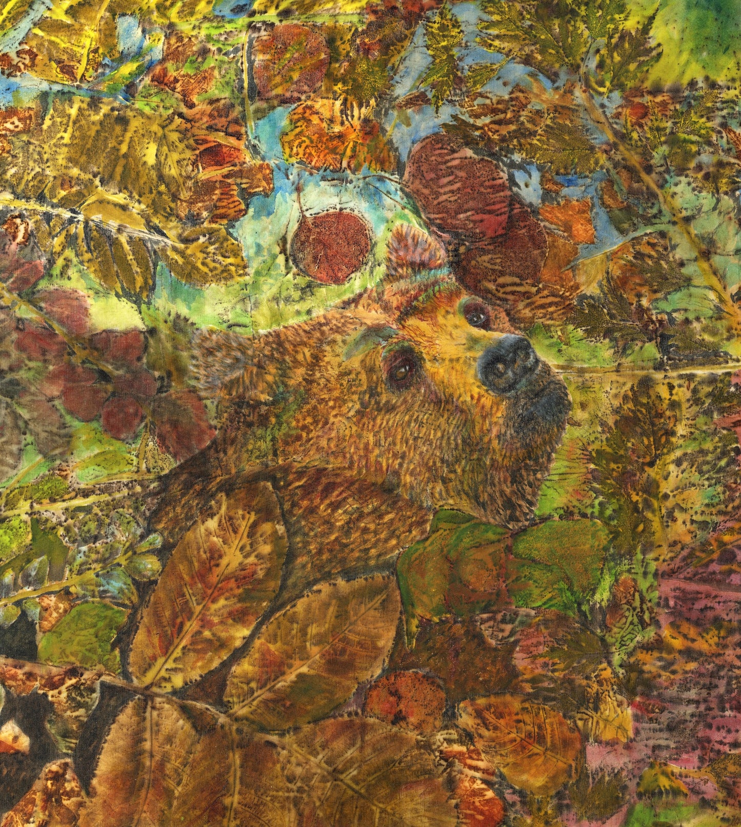 Forests Breath, 2025, eco-printed foliage and dye on silk, 19 x 18 in. / 48.26 x 45.72 cm.