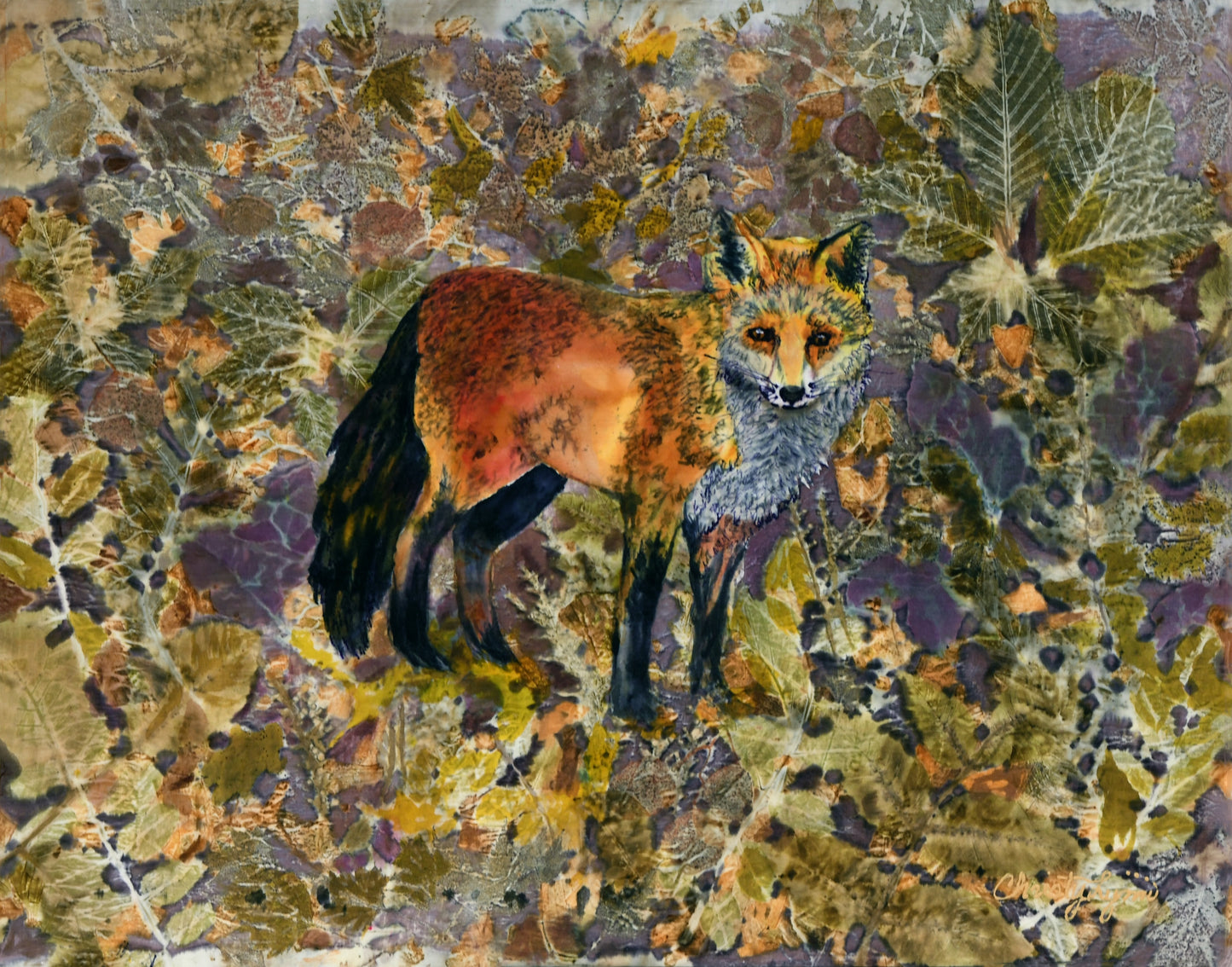 Fur & Foliage, 2025, eco-printed foliage and dye on silk, 24 x 28 in. / 60.96 x 71.12 cm.