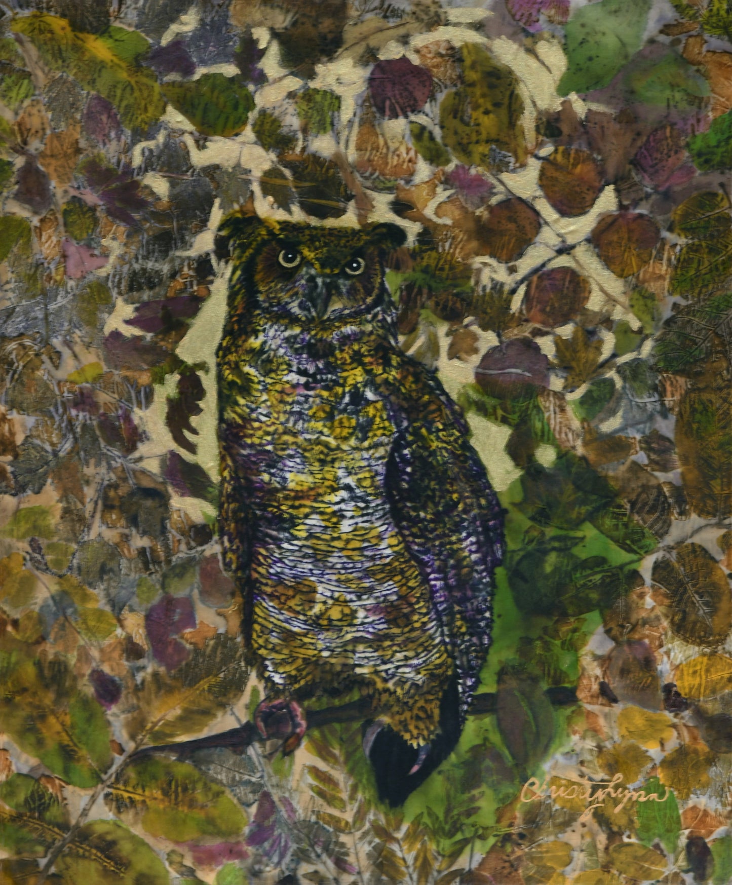 Watchful Perch, 2025, eco-printed foliage and dye on silk, 24 x 28 in. / 60.96 x 71.12 cm.