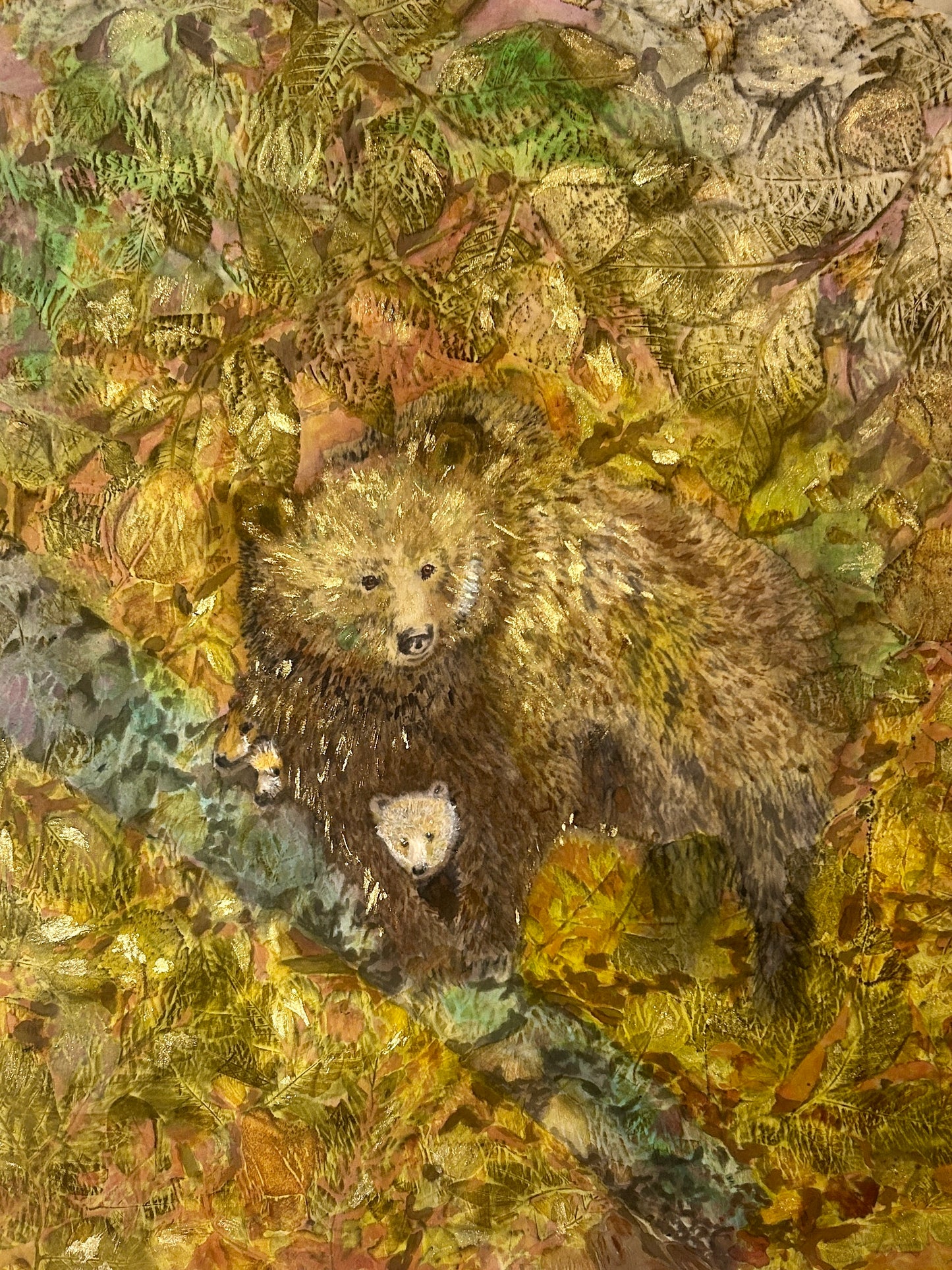Woodland Hearth, 2025, eco-printed foliage and dye on silk, 24 x 28 in. / 60.96 x 71.12 cm.