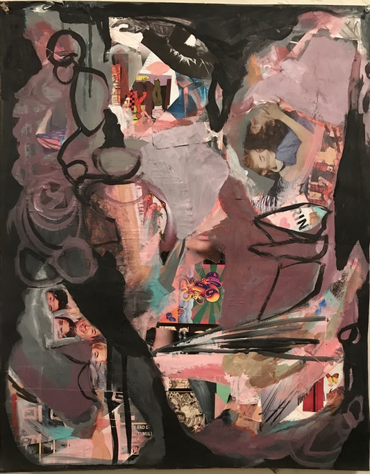 What's The Mauve Hiding?, 2021, acrylic and collage on paper, 28 x 22 in. / 71.12 x 55.88 cm.