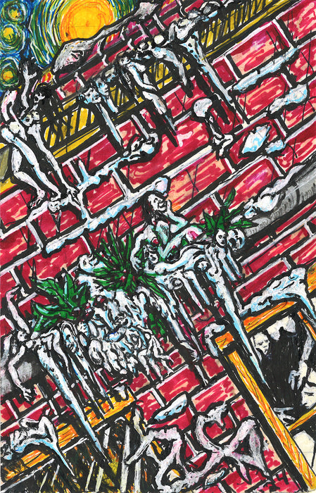 Watching the Snow Melt into Contortionists, 2024, mixed media, 5.5 x 3.5 in. / 13.97 x 8.89 cm.