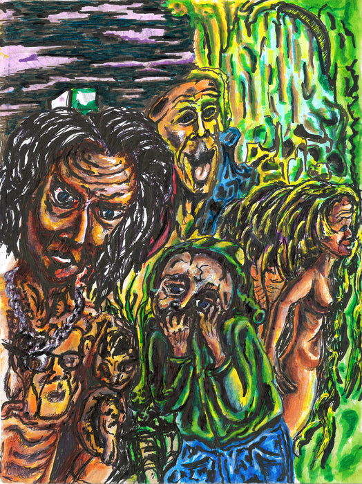 Panic, Mockery, Disdain, and Apathetic Transcendance, 2023, mixed media, 7.75 x 5.75 in. / 19.6 x 14.6 cm.