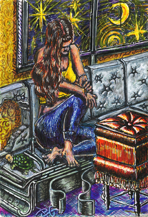Amy Drawing Henna As Reality Begins To Unravel, 2024, mixed media, 8 x 5.5 in. / 20.32 x 13.97 cm.