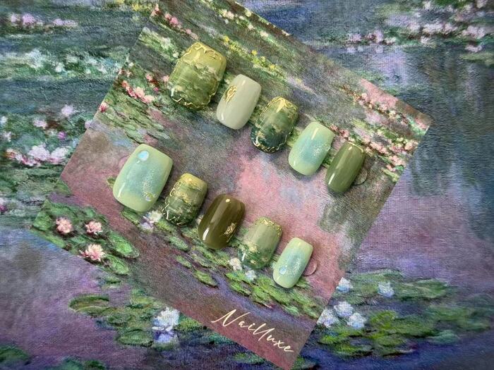 Reflection of Water Lilies, 2025, hand-painted reusable nails, 10 x 10 in. / 25.4 x 25.4 cm.