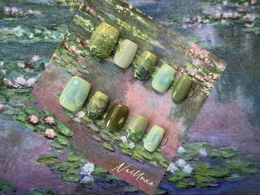 Reflection of Water Lilies, 2025, hand-painted reusable nails, 10 x 10 in. / 25.4 x 25.4 cm.