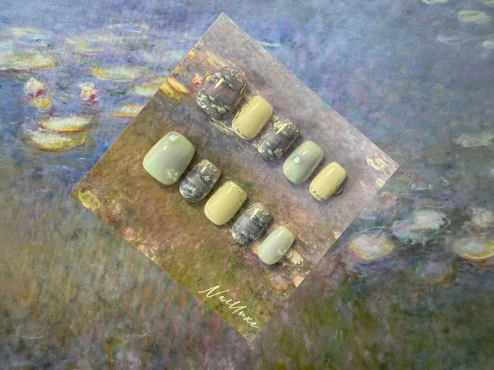 Echoes of Water Lilies (after Monet), 2025, gel, pigment on sculptural nail forms, 10 x 10 in. / 25.4 x 25.4 cm.