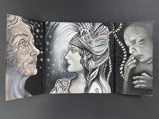Phases of Existence Triptych, 2026, acrylic on cardboard, 8 x 16 in. / 20.32 x 40.64 cm.