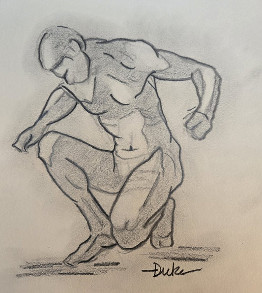 Man Crouching Figure Drawing, 2025, graphite on paper, 10 x 8 in. / 25.4 x 20.32 cm.