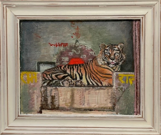 T-42 / Fateh of Ranthambhore, 2023, oil on framed glass, 8 x 10 in. / 20.32 x 25.4 cm.