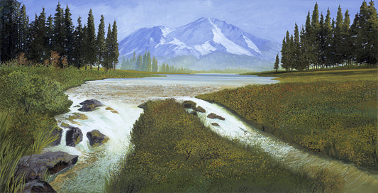 Mt. Shasta Meadow, 2020, gouache on hot press board, 15 x 30 in. / 38.1 x 76.2 cm.