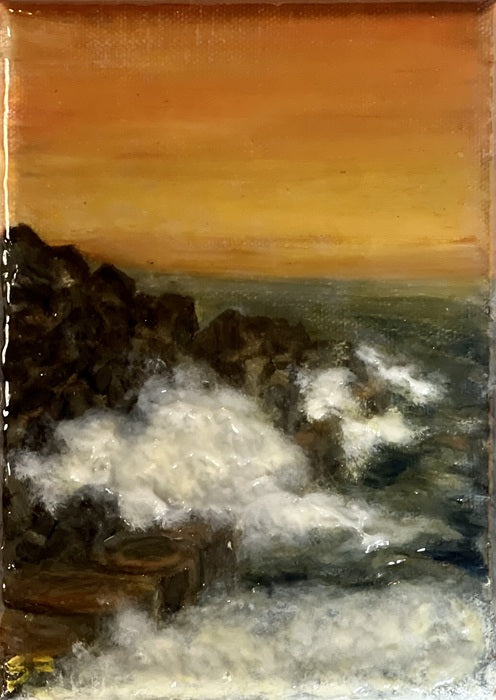 The Rocks in the Morning, 2023, oil & resin on canvas, 7 x 5 in. / 17.78 x 12.7 cm.