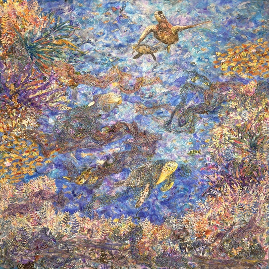 Up and Away From the Ghosts Nets, 2024, mixed media, 36 x 36 in. / 91.44 x 91.44 cm.
