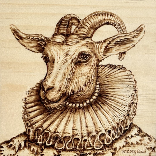 Earl of Bellingham, 2024, heat pen drawing, 5.5 x 5.5 in. / 13.97 x 13.97 cm.