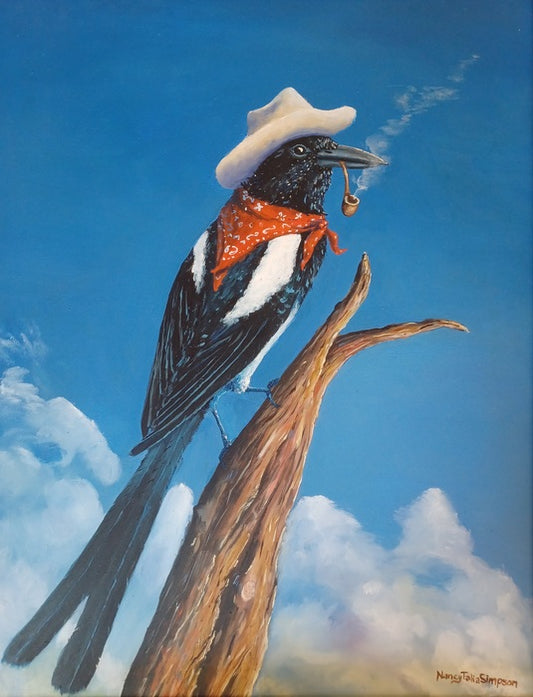 Western Magpie, 2015, oil on masonite board, 18 x 14 in. / 45.72 x 35.56 cm.