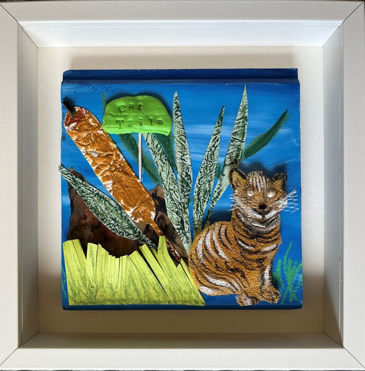 Cattails, 2024, multi-dimensional collage in shadowbox, 9 x 9 in. / 22.86 x 22.86 cm.