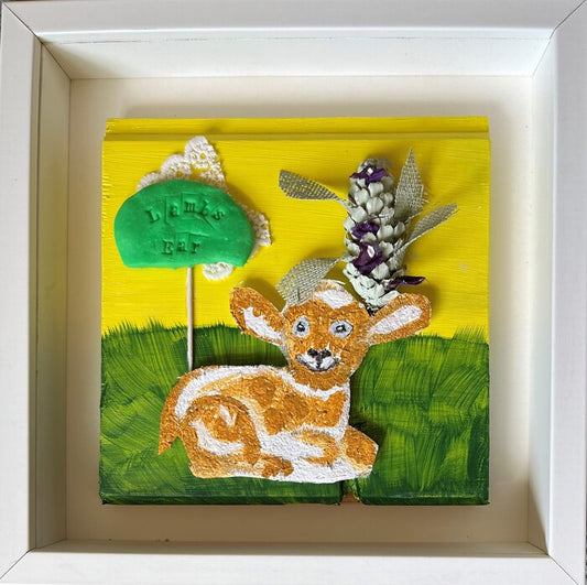 Lamb's Ear, 2024, multi-dimensional collage in shadowbox, 9 x 9 in. / 22.86 x 22.86 cm.