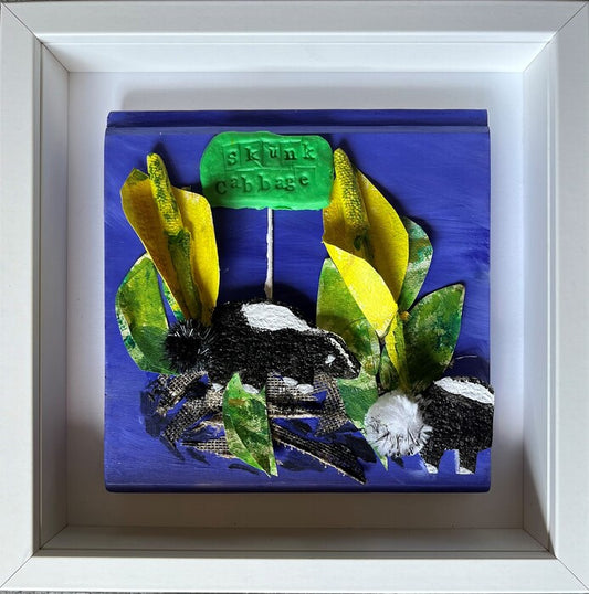 Skunk Cabbage, 2024, multi-dimensional collage in shadowbox, 9 x 9 in. / 22.86 x 22.86 cm.