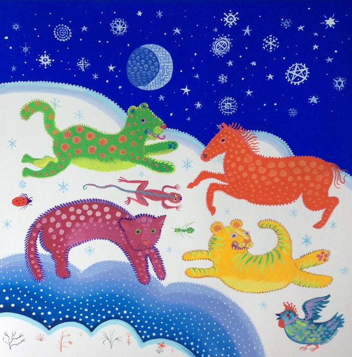 Spirit Animals Playing in the Snow, 2020, gouache on paper, 22 x 22 in. / 55.88 x 55.88 cm.