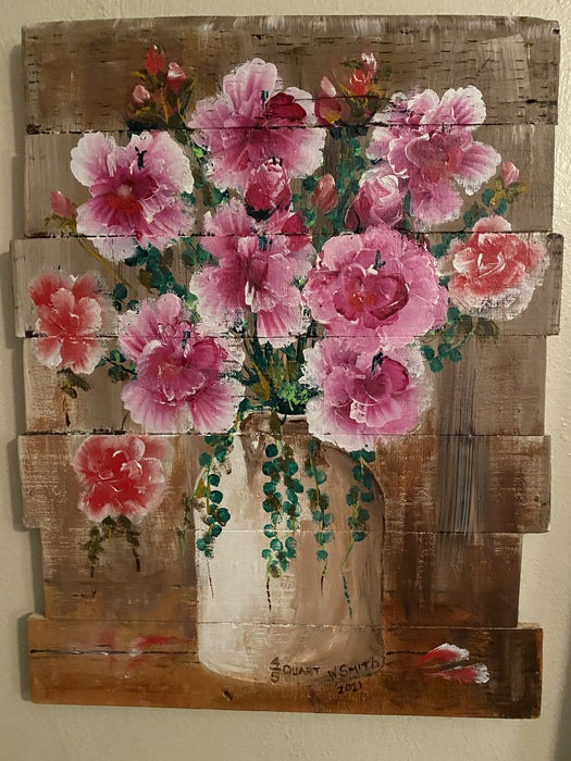 Roses in a Moonshine Jug, 2022, acrylic on wood, 18 x 16 in. / 45.72 x 40.64 cm.