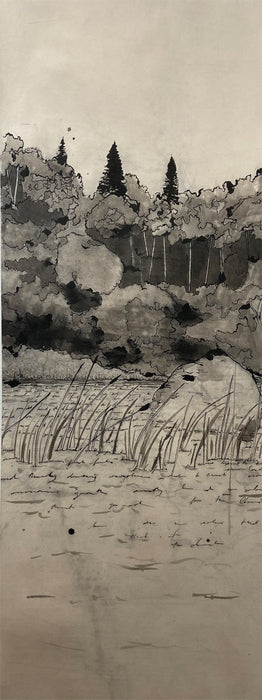 Platte Lake Rock, 2024, ink drawing, 56 x 19 in. / 142.24 x 48.26 cm.