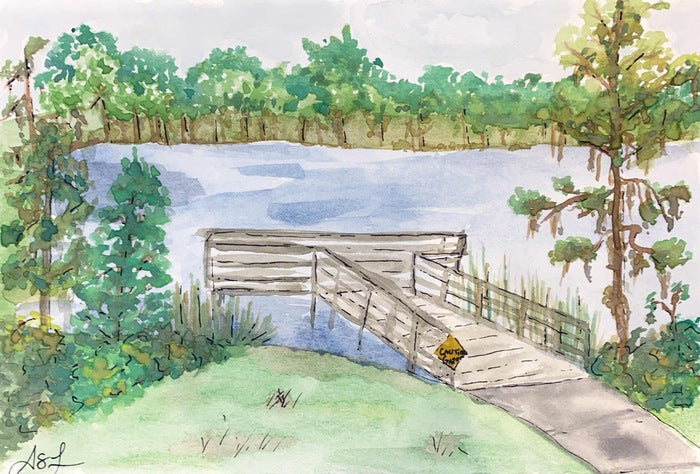 The Fishing Spot at Lake Louisa, 2021, watercolor, 6 x 7 in. / 15.24 x 17.78 cm.