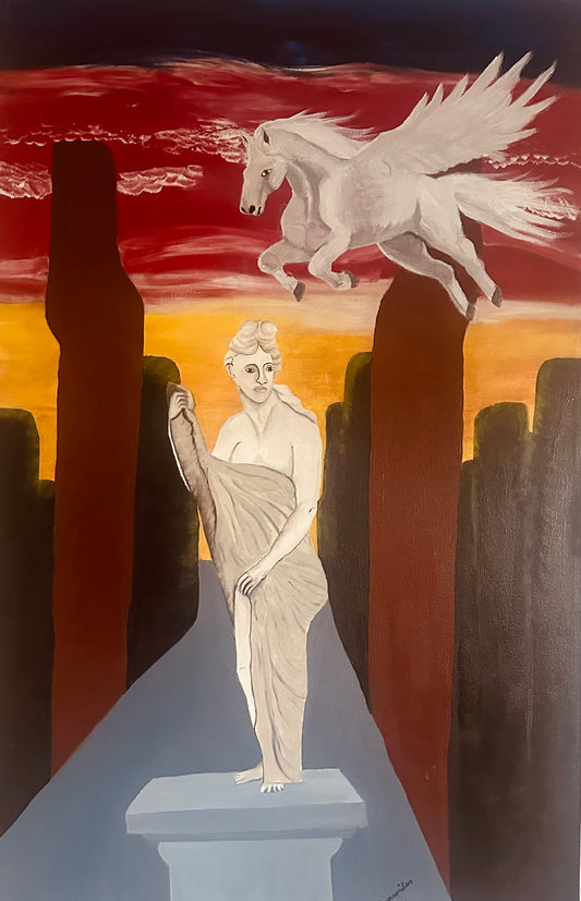 Venus in Athens with Pegasus, 2024, oil and acrylic, 25 x 60 in. / 63.5 x 152.4 cm.