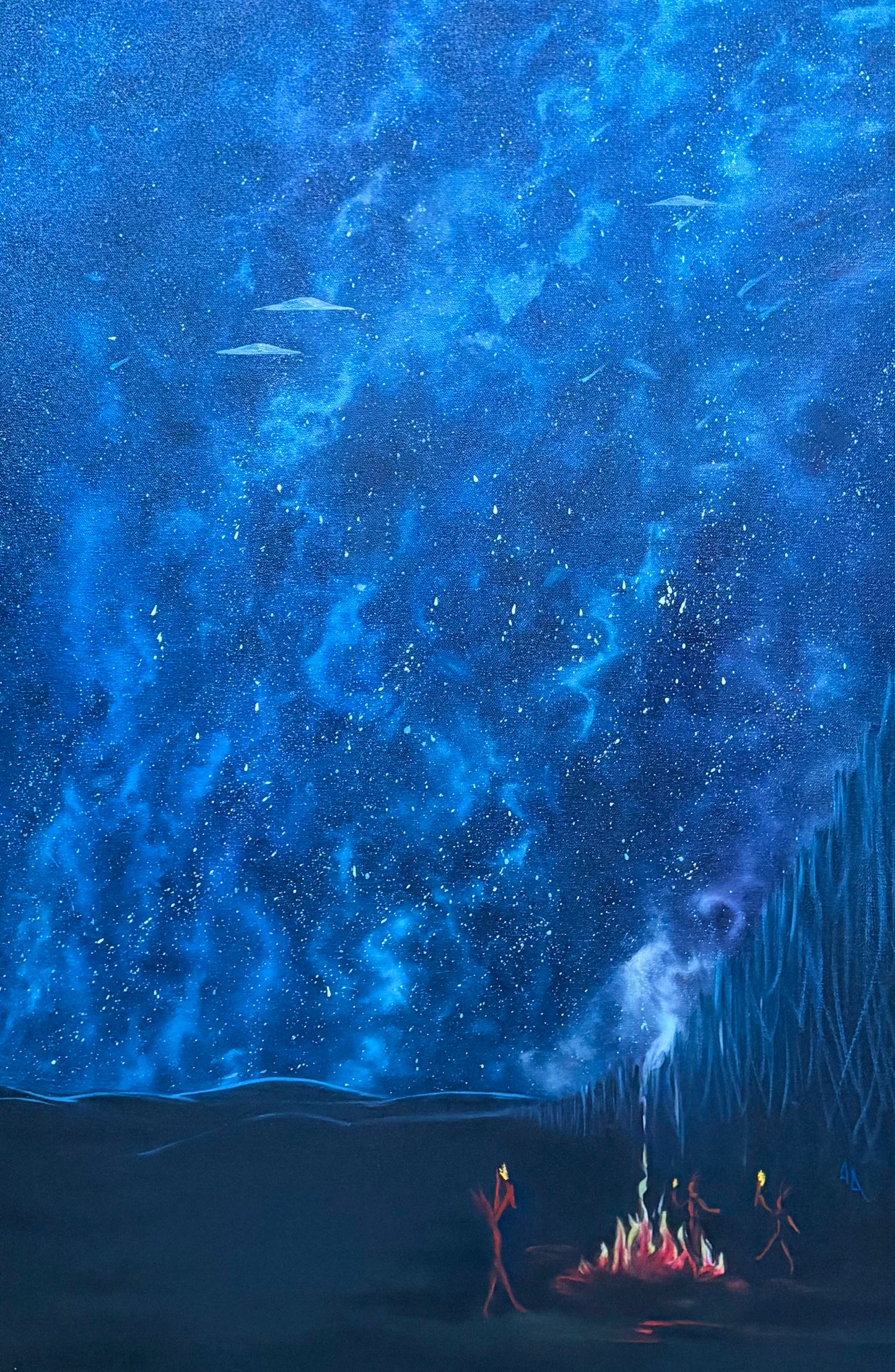 10,000 BCE Tourists, 2025, oil on canvas, 36 x 24 in. / 91.44 x 60.96 cm.