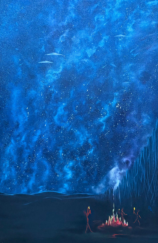 10,000 BCE Tourists, 2025, oil on canvas, 36 x 24 in. / 91.44 x 60.96 cm.